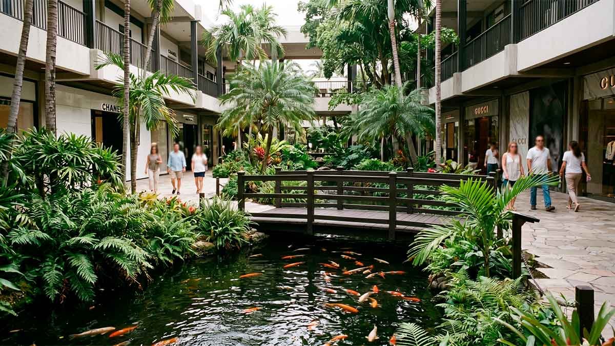 Relaxing koi pond atmosphere at Bal Harbour Shops near Chanel and Gucci stores.