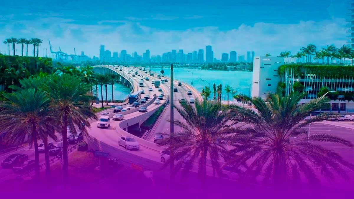 Miami skyline and bridge view with bay, palm trees, and traffic for Miami Worth It Contact Page